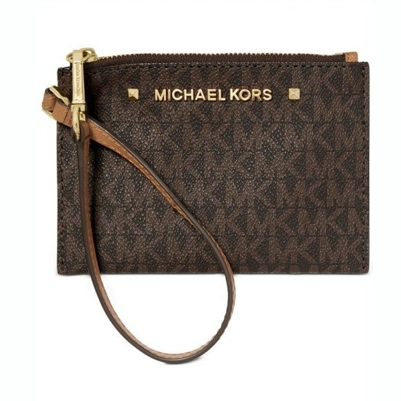 New! MICHAEL KORS MK Logo Karla Brown Wristlet With Strap Zip-Top - Picture 1 of 8